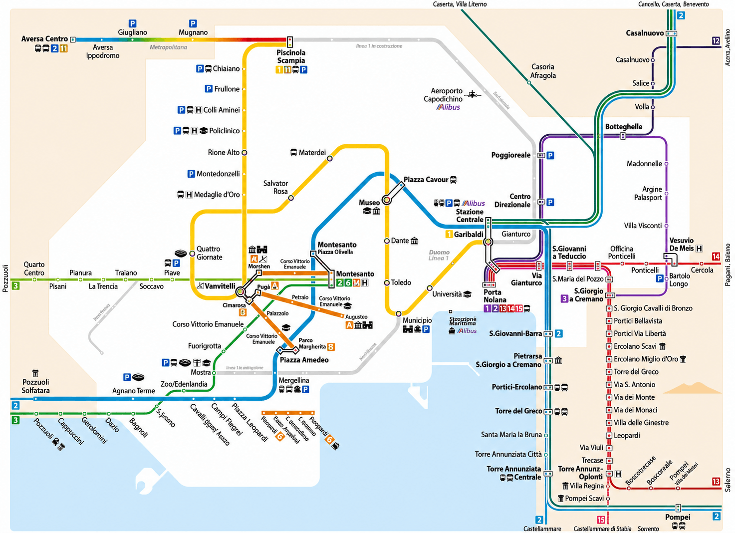 Mappa della metropolitana di Napoli — linee 1, 2, 6, funicolari e ferrovie suburbane